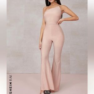 SHEIN XS rose glitter open back 1 shoulder flare jumpsuit brand new never worn